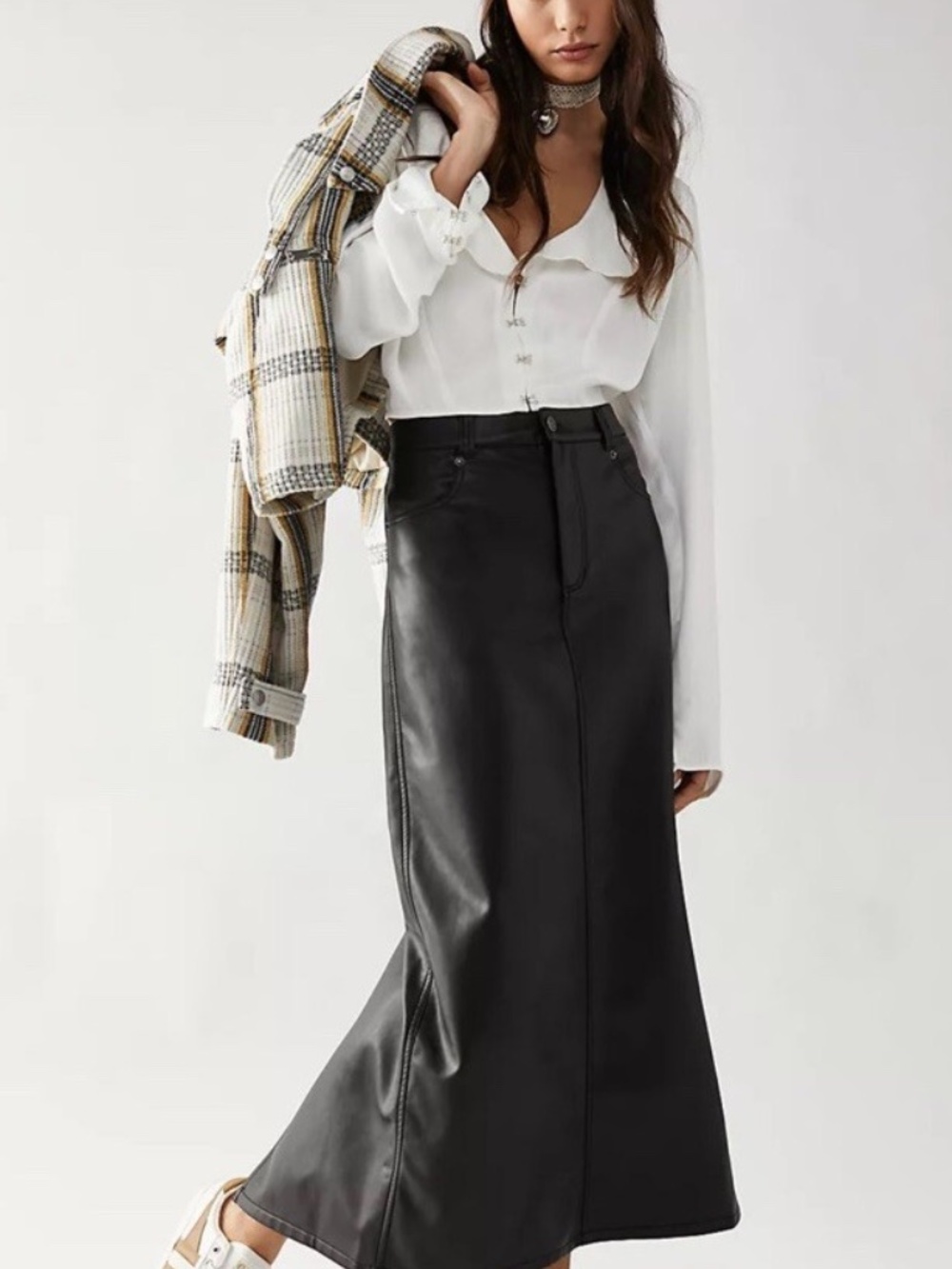 Free People City Slicker Vegan Leather Maxi Skirt Black High Rise A-Line Slit - Picture 8 of 14